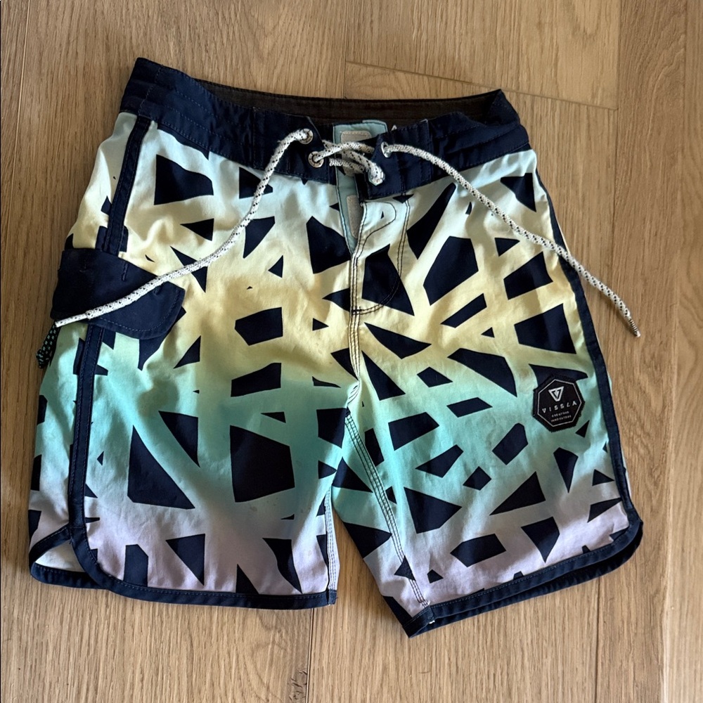 VISSLA Boys Abstract Swim Shorts - Navy, Yellow, Blue, and Green
